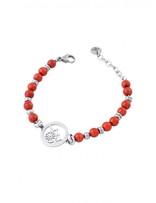 Bracciale Camurrìa U Carrettu in Acciaio Con Sfere Rosse e Centrale Con Carretto