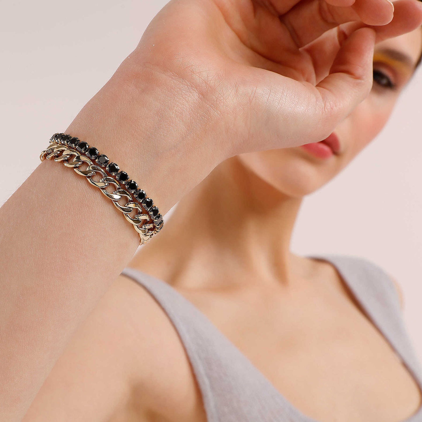 Bracciale Brosway Catena Figaro + Filo Tennis Desideri Amore Pvd Oro e Cristalli Neri