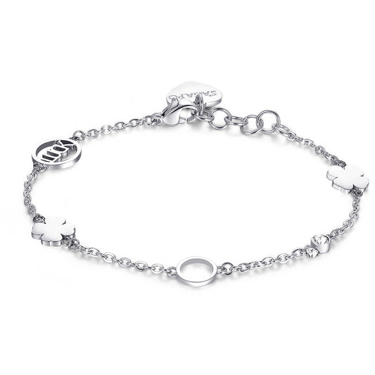 Bracciale Sagapò Happy Bracciale In Acciaio Con Inserti Quadrifogli/Cristallo/Tondino Scritta "Luck"