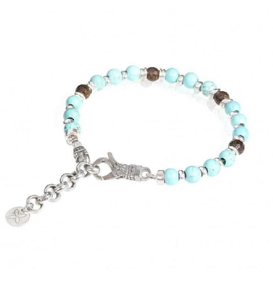 Bracciale Gerba Mosch Sfere In Pietra Marrone, Aulite Celeste, Elementi Bronzo e Chiusura Argento