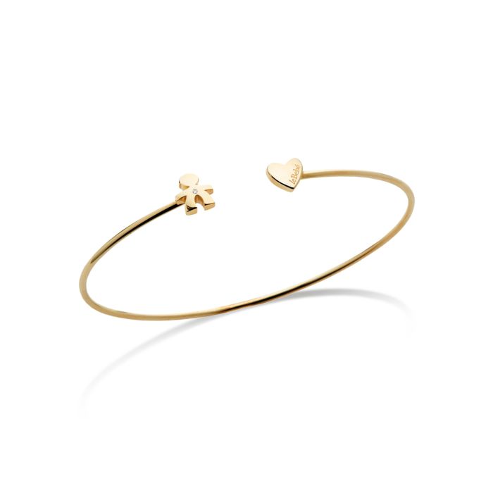 Bracciale Rigido Lebebé Les Petits Oro Giallo 9 Kt aperto Cuore e Bimbo Diamante