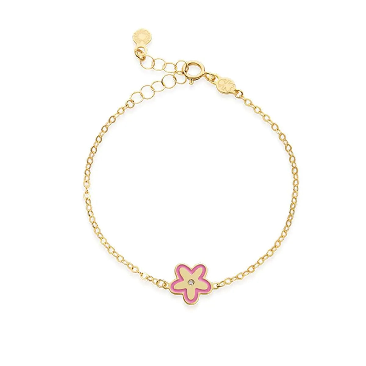 Bracciale Lebebé Prime Gioie Lucciole Oro Giallo 9 Kt Fiore Smalto Rosa E Diamantino