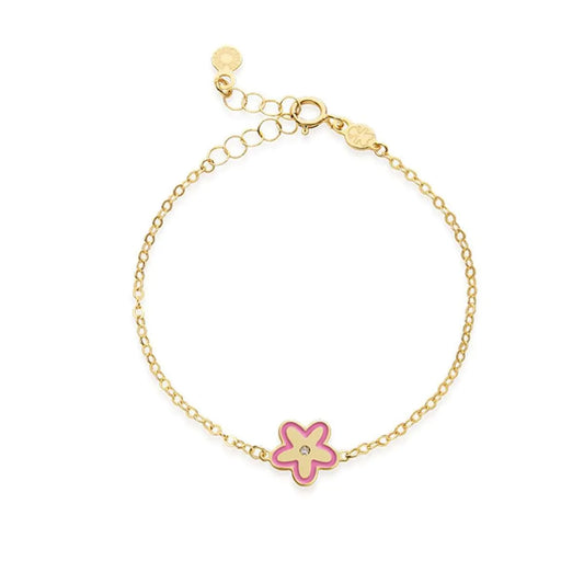 Bracciale Lebebé Prime Gioie Lucciole Oro Giallo 9 Kt Fiore Smalto Rosa E Diamantino