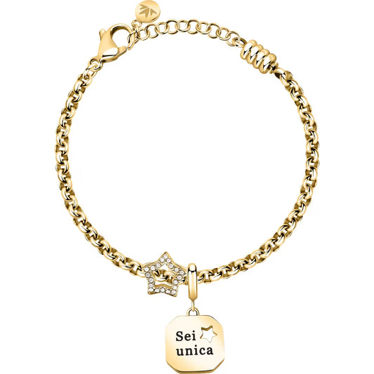 Bracciale Morellato Drops Rolò Pvd Oro Charm Piastrina Scritta "Sei Unica" Stella Passante Cristalli