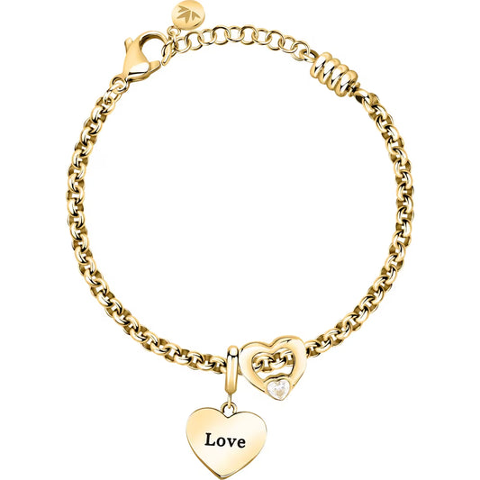 Bracciale Morellato Drops Rolò Pvd Oro Charm Cuore Scritta "Love" Passante Cristallo