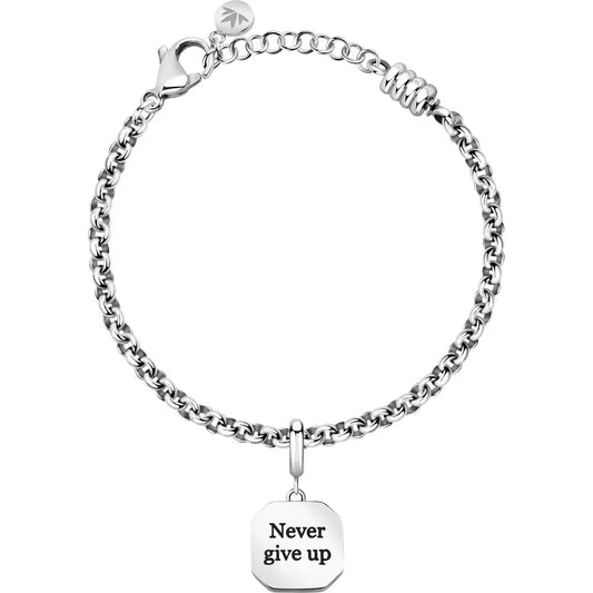 Bracciale Morellato Drops Rolò Acciaio Charm Quadrato Scritta "Never Give Up"
