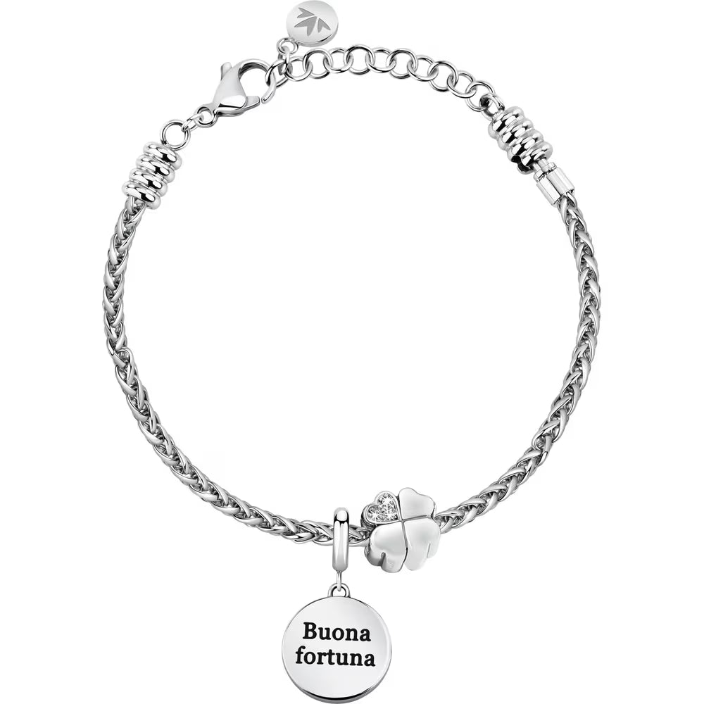 Bracciale Morellato Drops Rolò Acciaio Charm Tondo Scritta "Buona Fortuna" Quadrifoglio Passante Cristalli