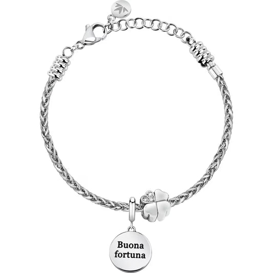 Bracciale Morellato Drops Rolò Acciaio Charm Tondo Scritta "Buona Fortuna" Quadrifoglio Passante Cristalli