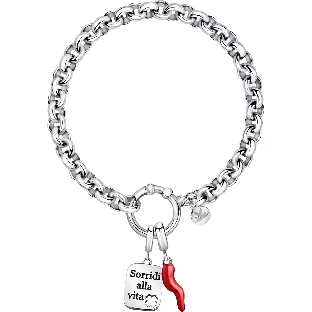 Bracciale Morellato Drops Rolò Acciaio Doppio Charm Cornetto Smalto Rosso + Scritta "Sorridi Alla Vita"