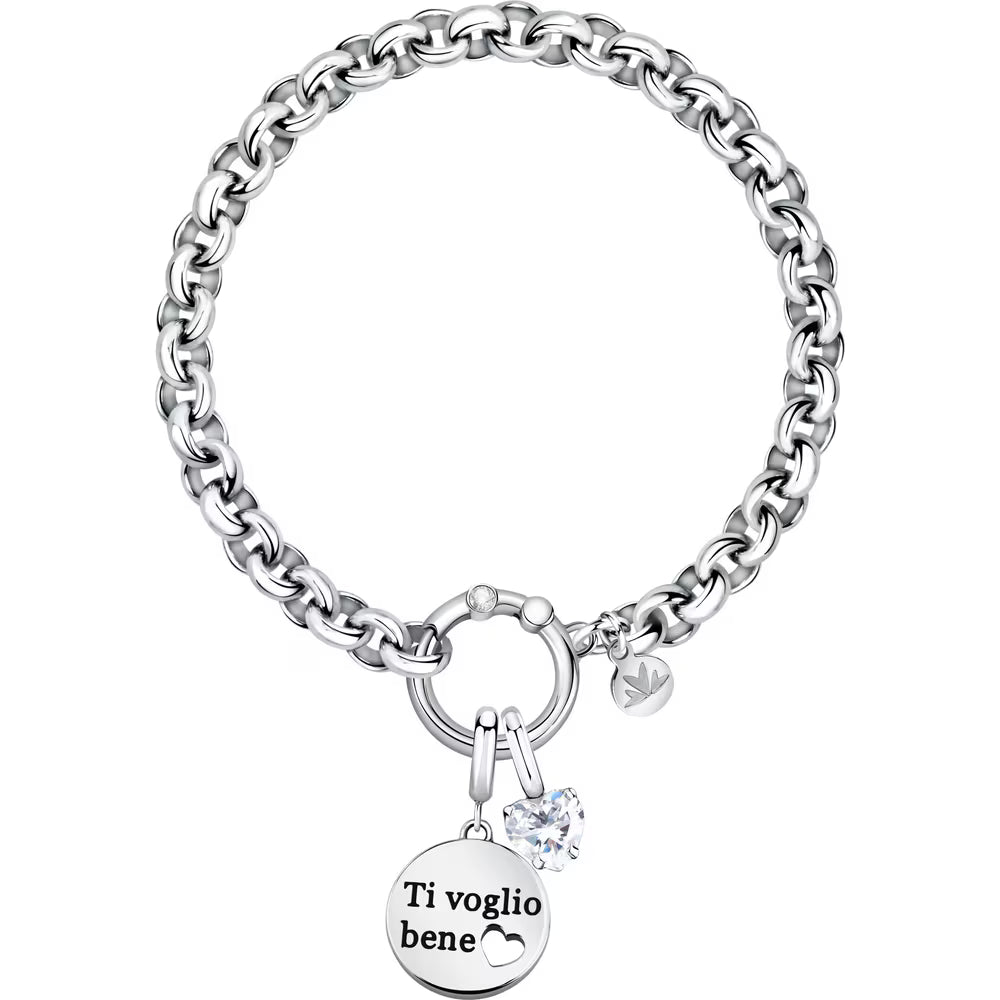 Bracciale Morellato Drops Rolò Acciaio Doppio Charm Scritta "Ti Voglio Bene" + Cristallo Cuore