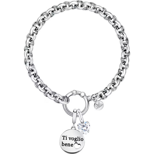 Bracciale Morellato Drops Rolò Acciaio Doppio Charm Scritta "Ti Voglio Bene" + Cristallo Cuore
