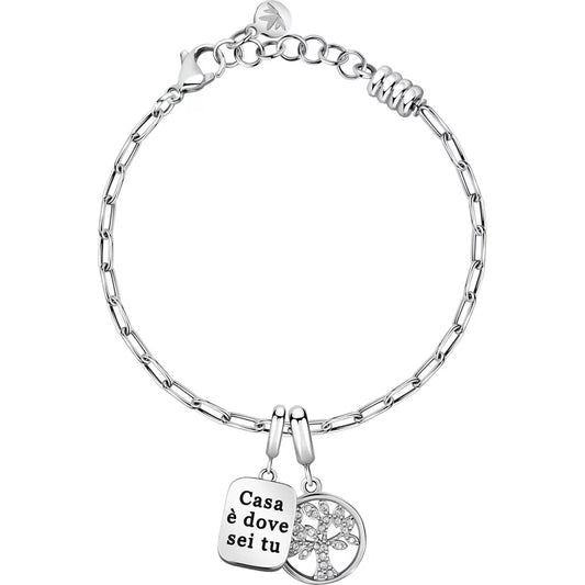 Bracciale Morellato Drops Acciaio Doppio Charm Piastrina Rettangolare Scritta "Casa è Dove Sei Tu"+ Albero Della Vita