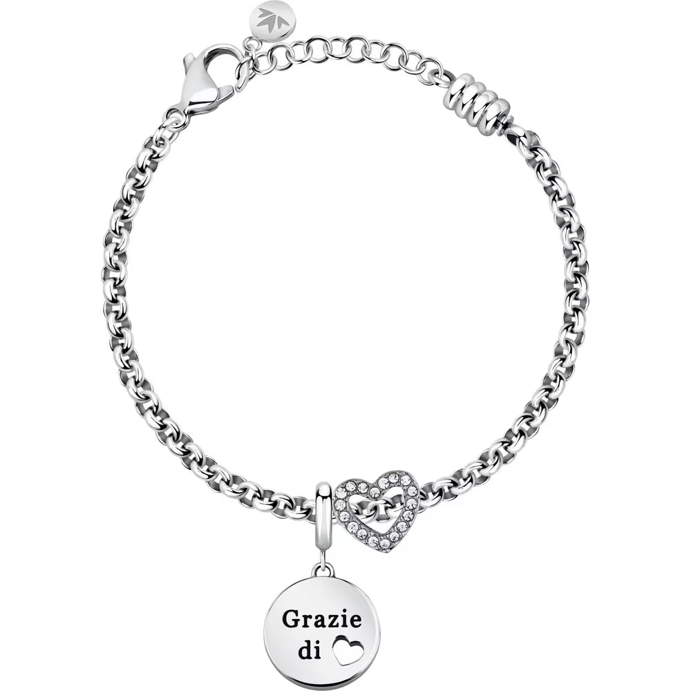 Bracciale Morellato Drops Rolò Acciaio Charm Tondo Scritta "Grazie Di Cuore" Passante Cristalli