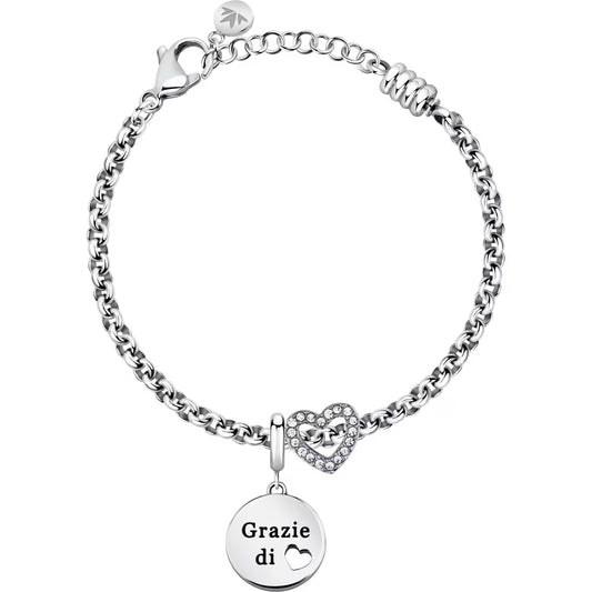 Bracciale Morellato Drops Rolò Acciaio Charm Tondo Scritta "Grazie Di Cuore" Passante Cristalli