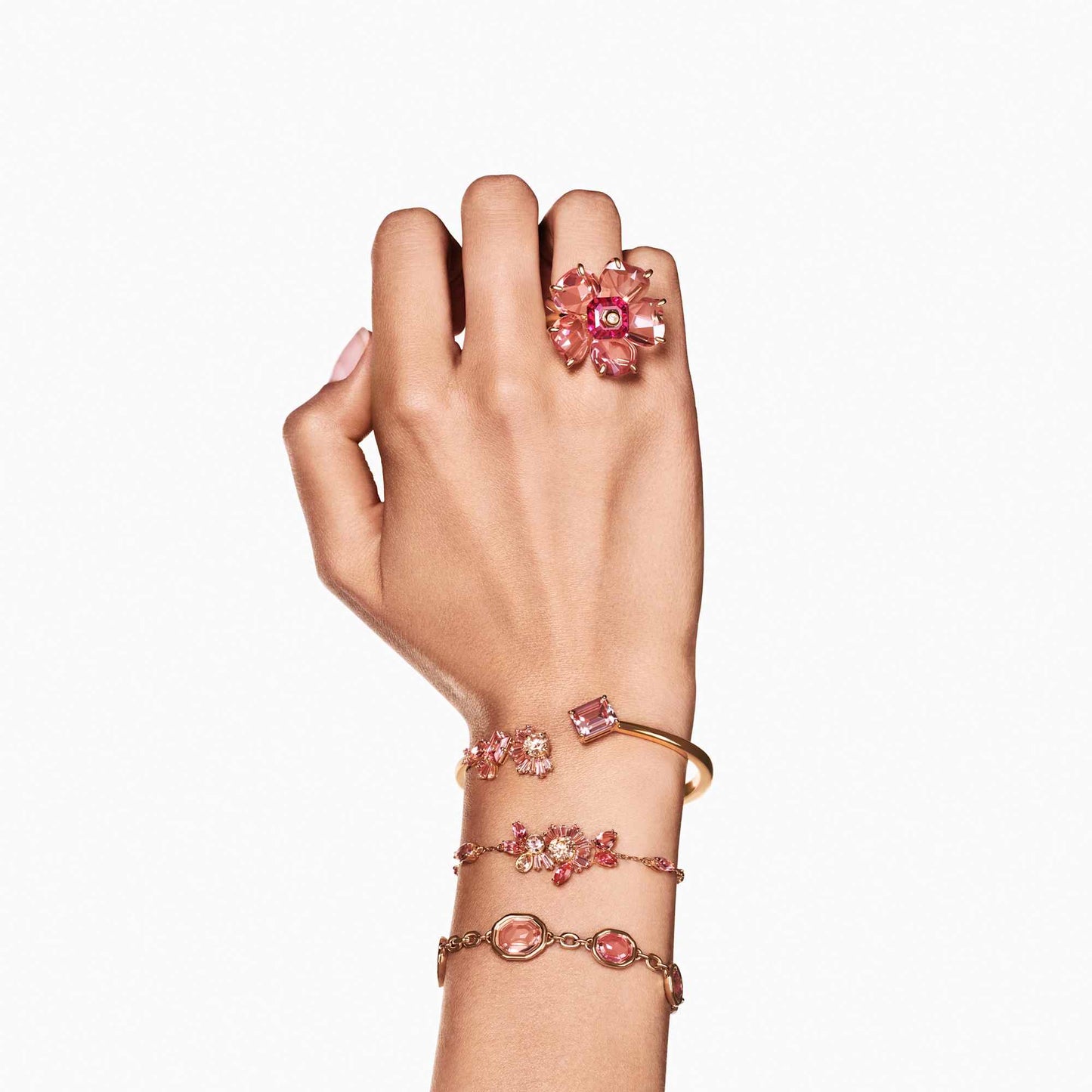 Bracciale rigido Swarovski Gema Taglio misto, Rosa, Placcato color oro