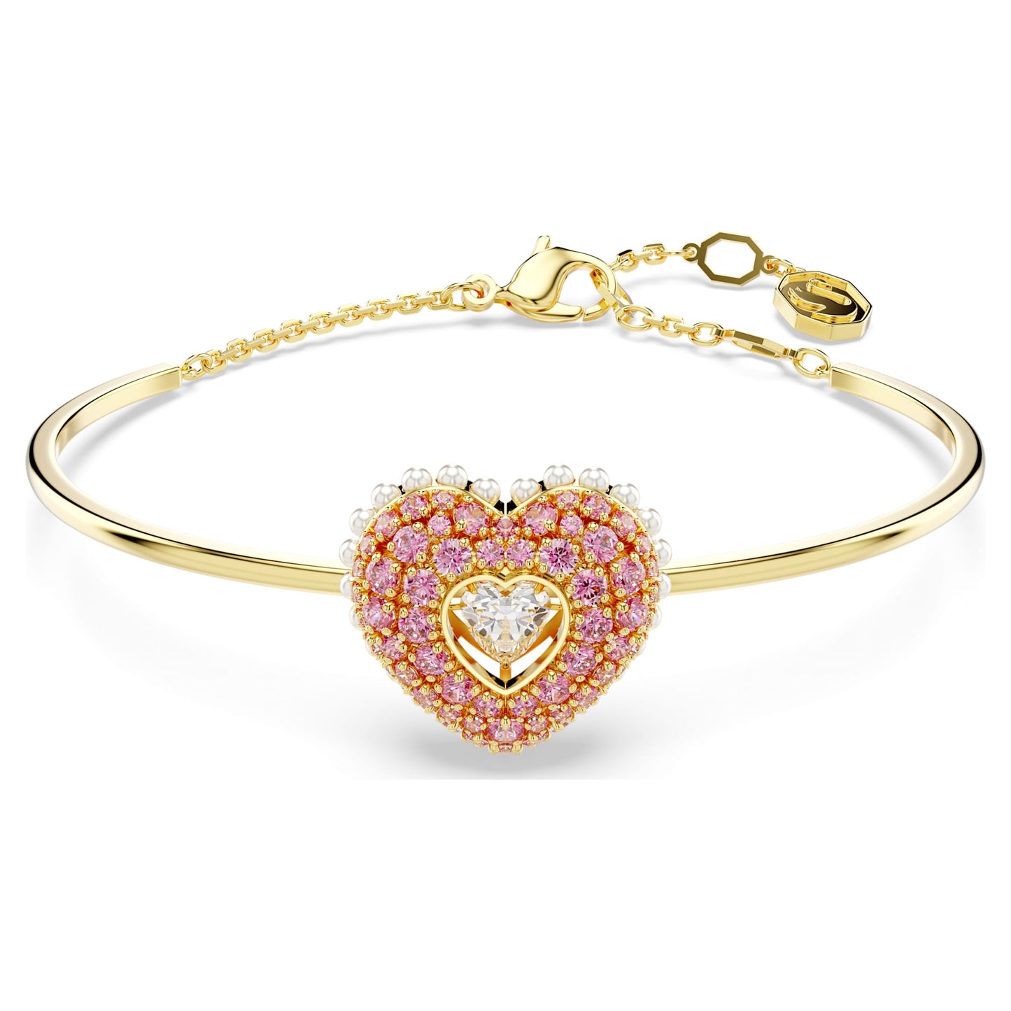 Bracciale rigido Swarovski Idyllia Crystal Pearl, Cuore, Rosa, Placcato color oro