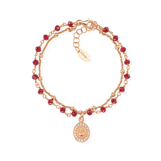 Bracciale a 2 Fili Amen Sacro Cuore Argento Rosato Sferette Cristallo Rosso Charm Centrale Medaglietta