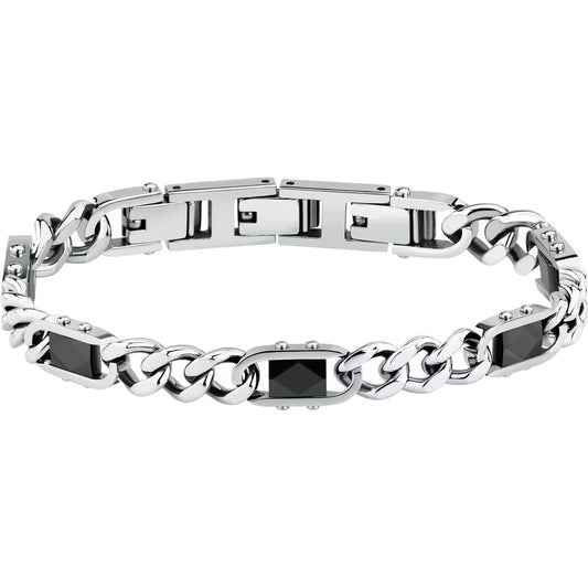 Bracciale Uomo Sector Ceramic Acciaio Catena Grumetta Elementi Rettangolari Ceramica Sfaccettata Nera