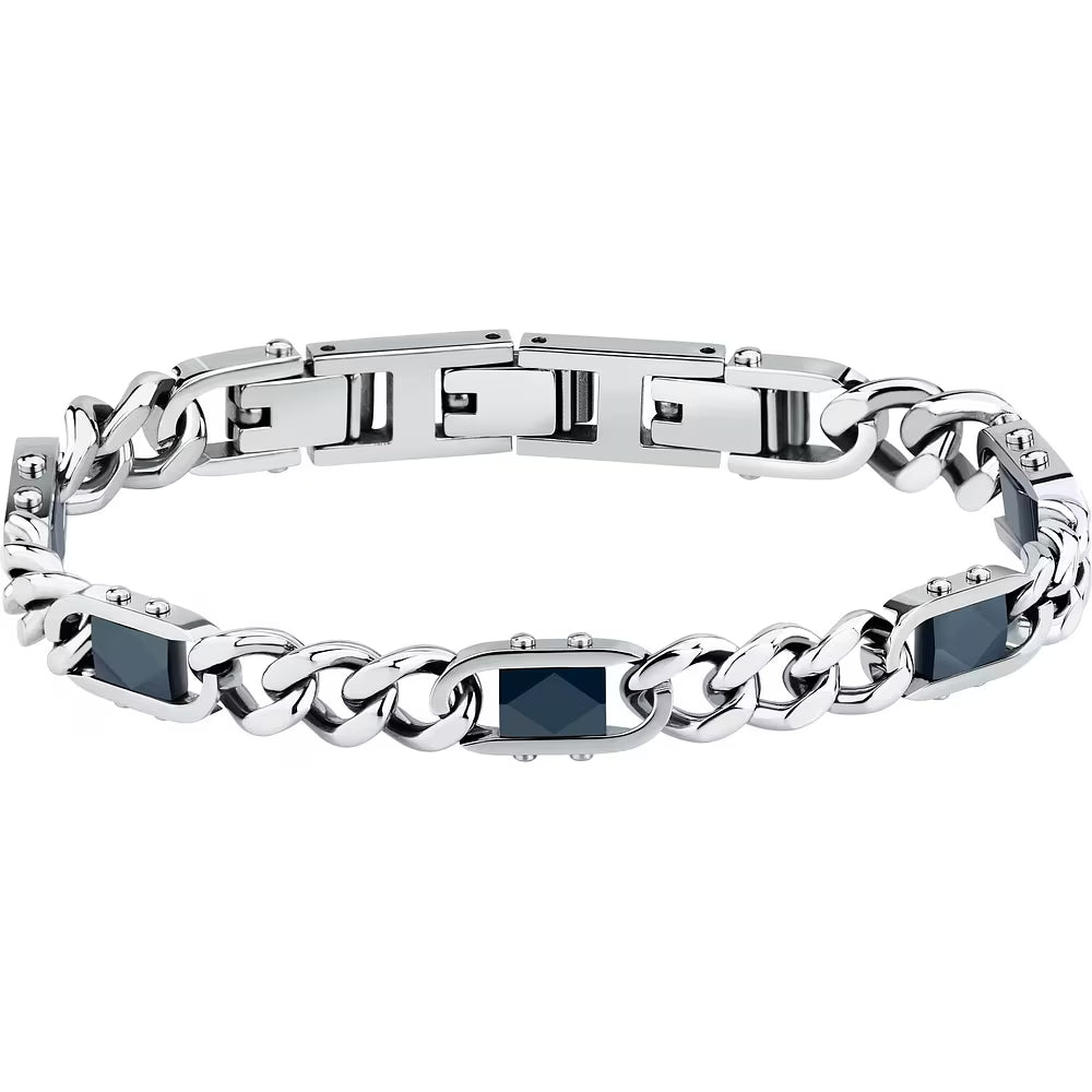 Bracciale Uomo Sector Ceramic Acciaio Catena Grumetta Elementi Rettangolari Ceramica Sfaccettata Blu