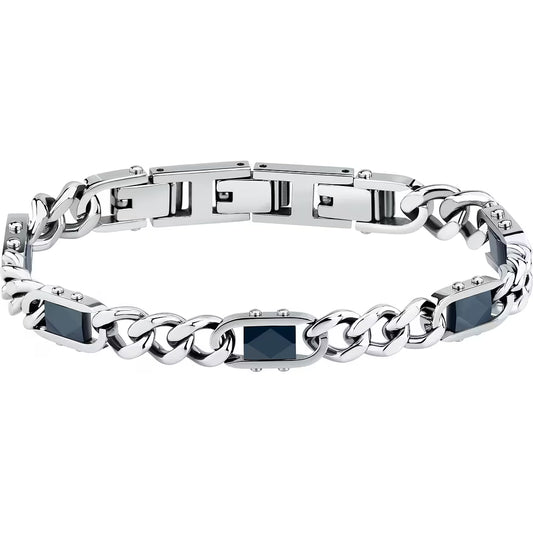 Bracciale Uomo Sector Ceramic Acciaio Catena Grumetta Elementi Rettangolari Ceramica Sfaccettata Blu