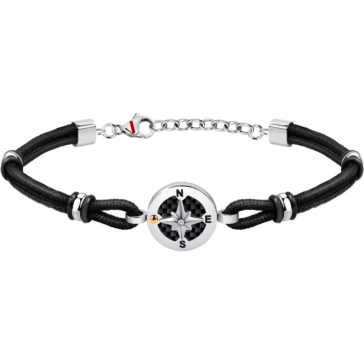Bracciale Uomo Sector Marine Acciaio Cordino Nero Elementi e Centrale Rosa Dei Venti Texture Carbonio Punti Cardinali Smalto Pvd Oro