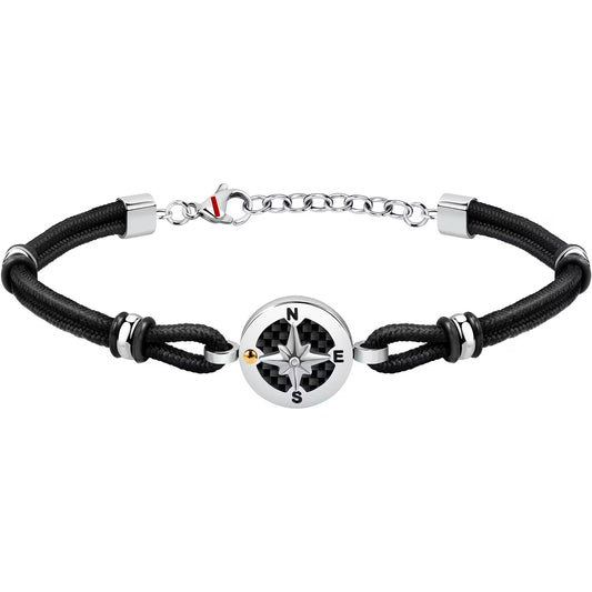 Bracciale Uomo Sector Marine Acciaio Cordino Nero Elementi e Centrale Rosa Dei Venti Texture Carbonio Punti Cardinali Smalto Pvd Oro
