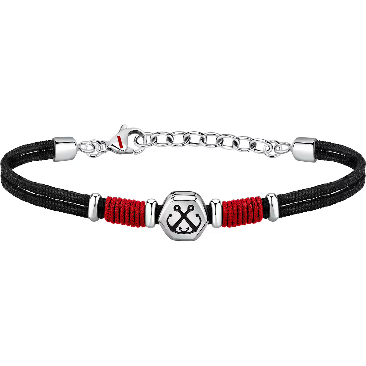 Bracciale 2 Fili Uomo Sector Marine Cordino Nero Centrale Elementi Acciao Cordino Rosso Ancora