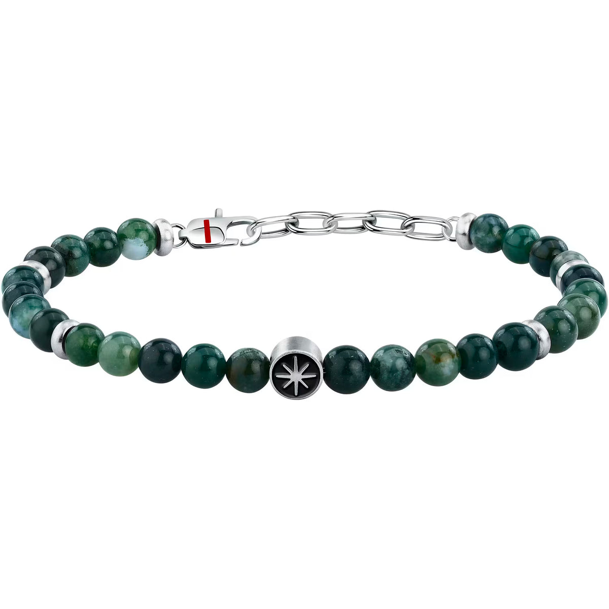 Bracciale Uomo Sector Marine Acciao Sfere Agata Verde Alternata Ad Elementi Discoidali Inserto Rosa Dei Venti