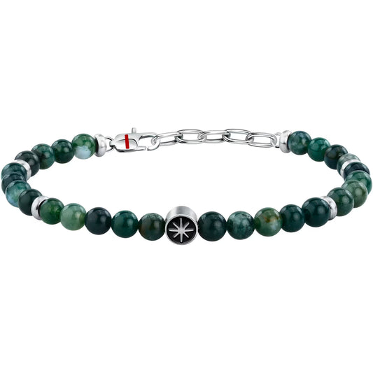 Bracciale Uomo Sector Marine Acciao Sfere Agata Verde Alternata Ad Elementi Discoidali Inserto Rosa Dei Venti