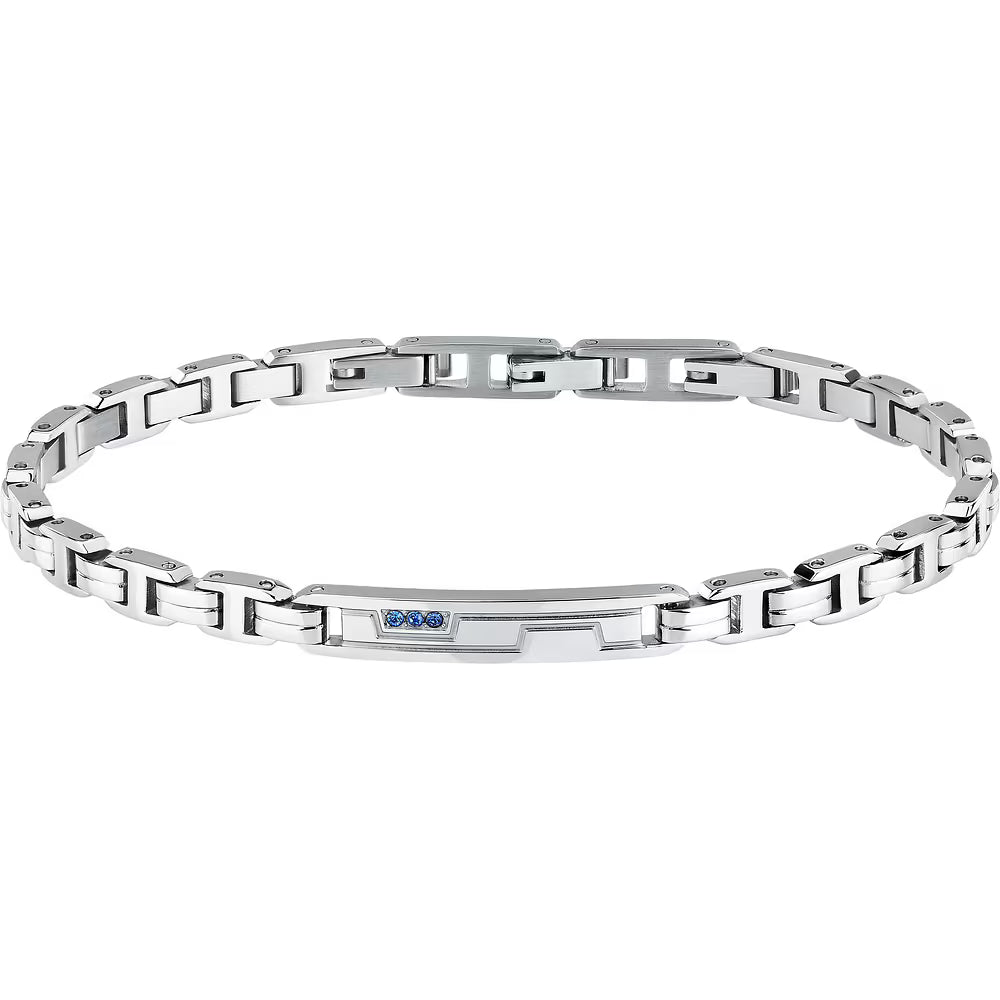 Bracciale Uomo Sector Premium Acciaio Maglia Modulare Targhetta Centrale + 3 Cristalli Blu