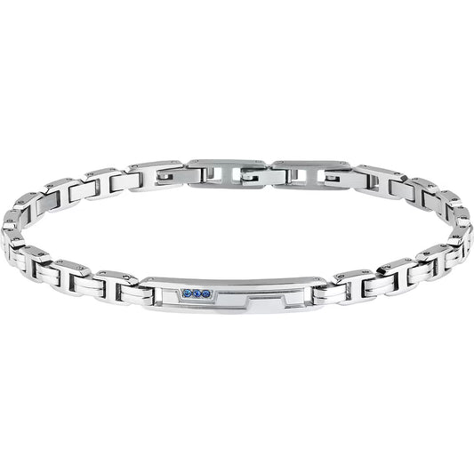Bracciale Uomo Sector Premium Acciaio Maglia Modulare Targhetta Centrale + 3 Cristalli Blu