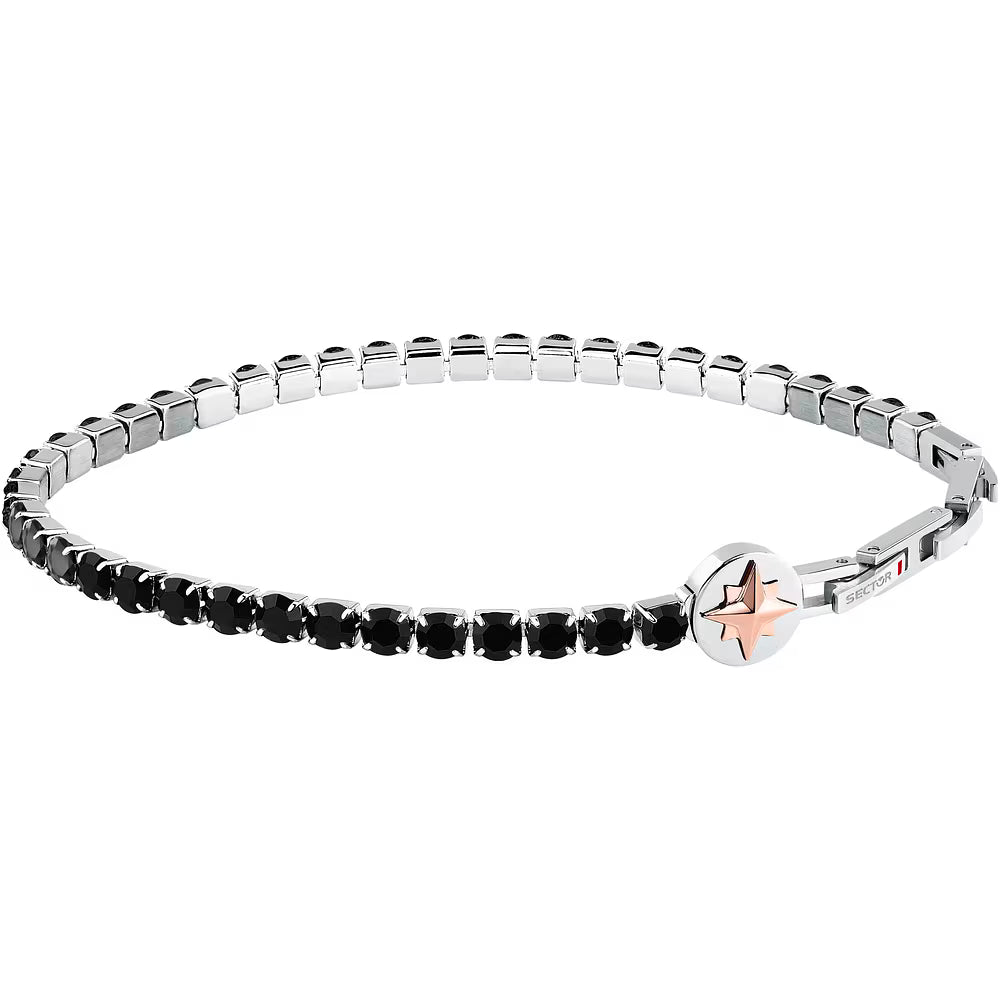 Bracciale Uomo Sector Tennis Acciaio Con Cristalli Neri + Elemento Laterale Rosa Dei Venti in Rilievo Pvd Oro