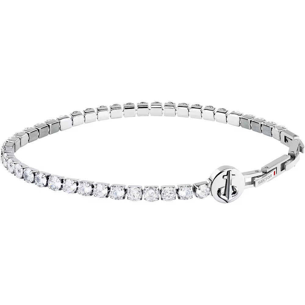 Bracciale Uomo Tennis Sector Acciaio Cristalli Elemento Laterale Tondo Ancora