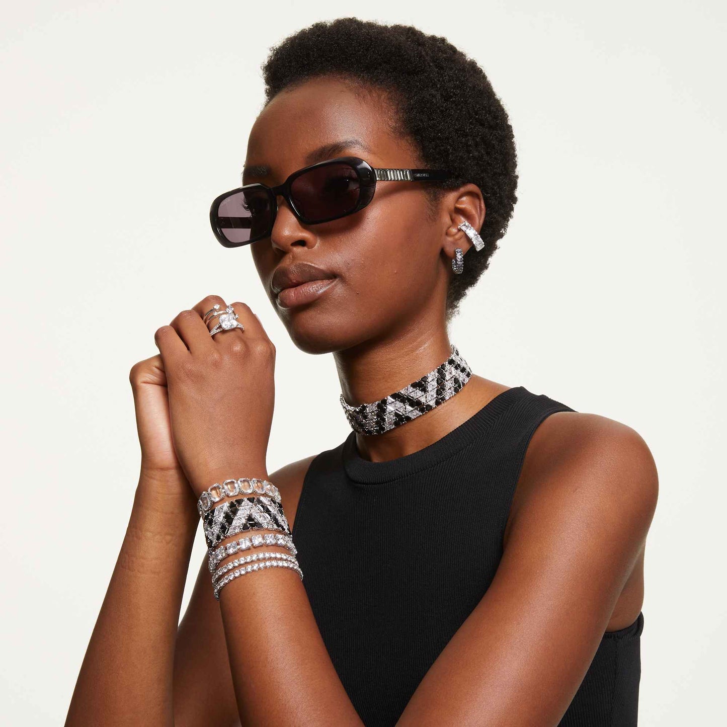 Bracciale Swarovski Matrix Tennis Taglio squadrato, Piccolo, Bianco, Placcato rodio