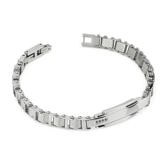 Bracciale Boccadamo Man Acciaio Lucido/Satinato Piastrina Centrale 4 Cristalli Neri