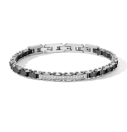 Bracciale Comete Acciaio Ceramica Nera Piastrina Centrale Zirconi