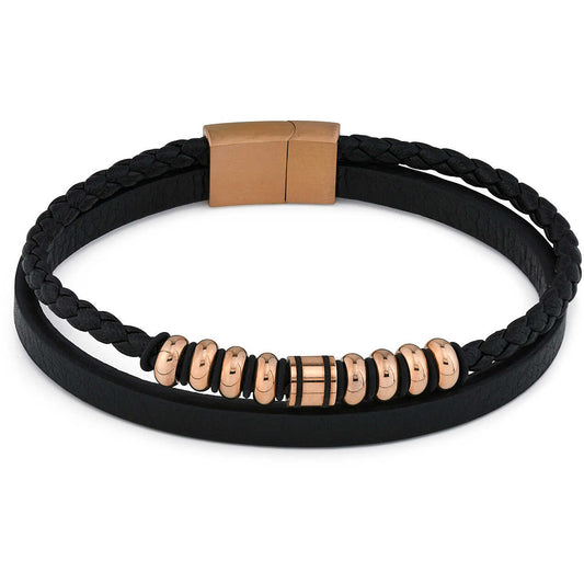 Bracciale a 2 Fili Boccadamo Man A Pelle Nera + Dischetti Pvd Oro Rosa