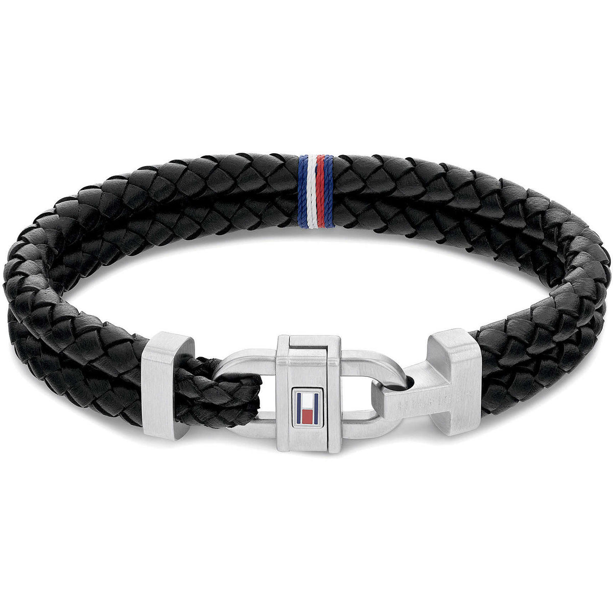 Bracciale a 2 Fili  Uomo Tommy Hilfiger Carabinier Tubolare Pelle Intrecciata Nera Inserto Centrale Blu/Bianco/Rosso