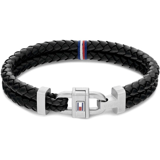 Bracciale a 2 Fili  Uomo Tommy Hilfiger Carabinier Tubolare Pelle Intrecciata Nera Inserto Centrale Blu/Bianco/Rosso