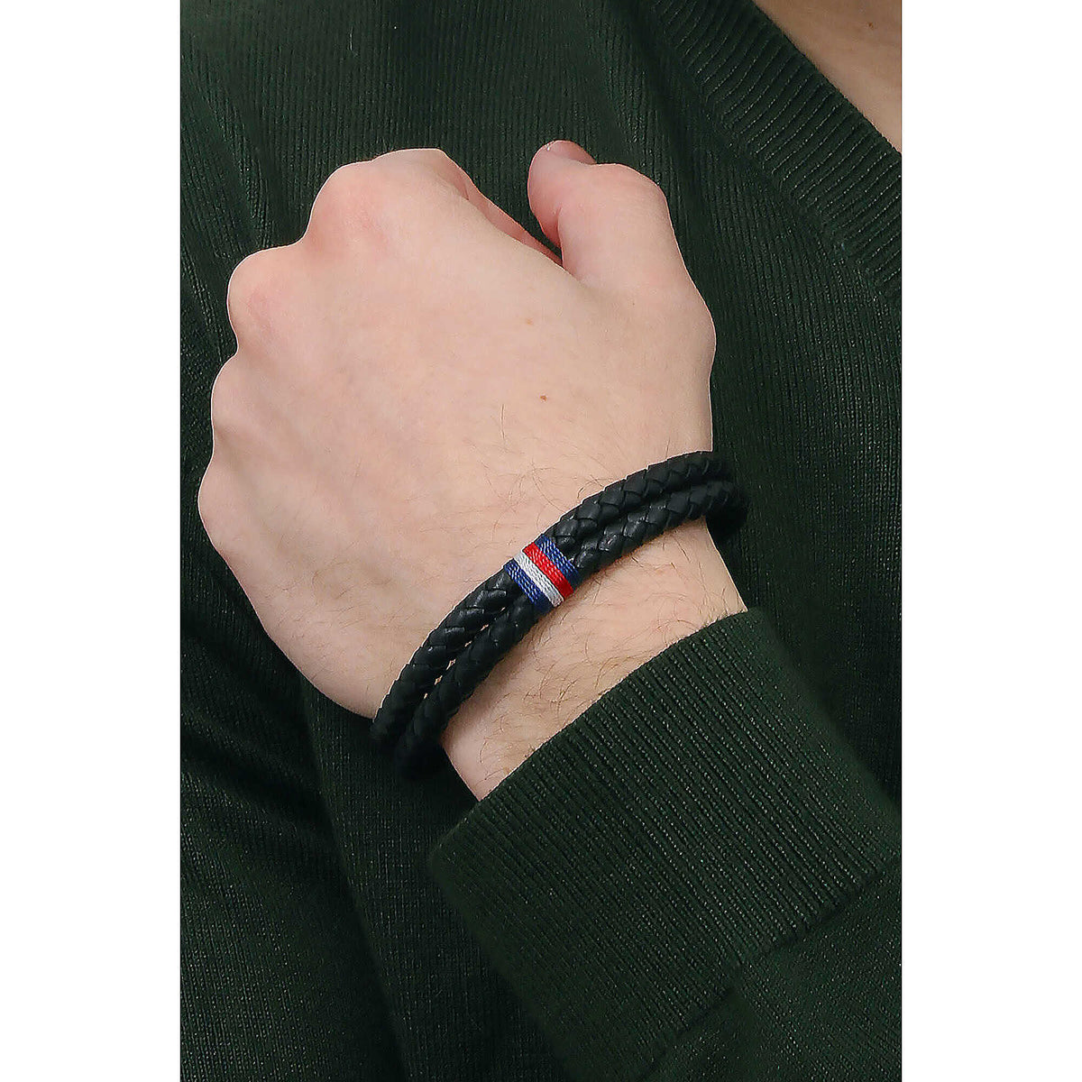 Bracciale a 2 Fili  Uomo Tommy Hilfiger Carabinier Tubolare Pelle Intrecciata Nera Inserto Centrale Blu/Bianco/Rosso