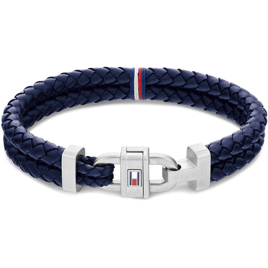 Bracciale a 2 Fili Uomo Tommy Hilfiger Carabinier Tubolare Pelle Intrecciata Blu Inserto Centrale Blu/Bianco/Rosso