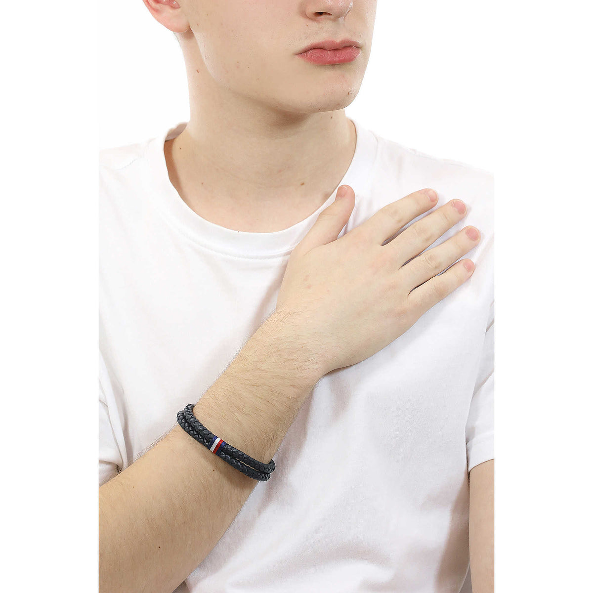 Bracciale a 2 Fili Uomo Tommy Hilfiger Carabinier Tubolare Pelle Intrecciata Blu Inserto Centrale Blu/Bianco/Rosso