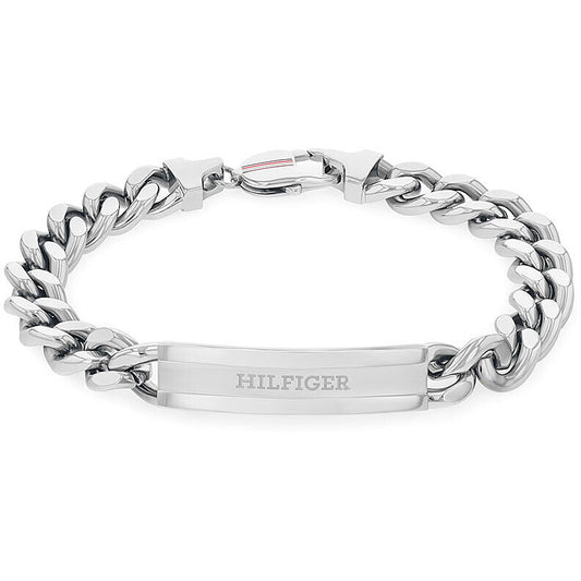 Bracciale Uomo Tommy Hilfiger Clash Acciaio Catena Maglia Grumetta Piastrina Centrale Con Logo Satinato