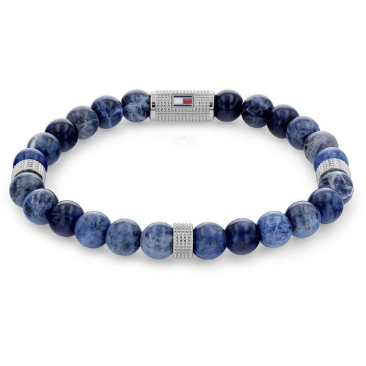 Bracciale Uomo Tommy Hilfiger Beaded Stones Elasticizzato A Sferette Blu Con 3 Elementi In Acciaio + Barilotto Centrale Logo Smaltato