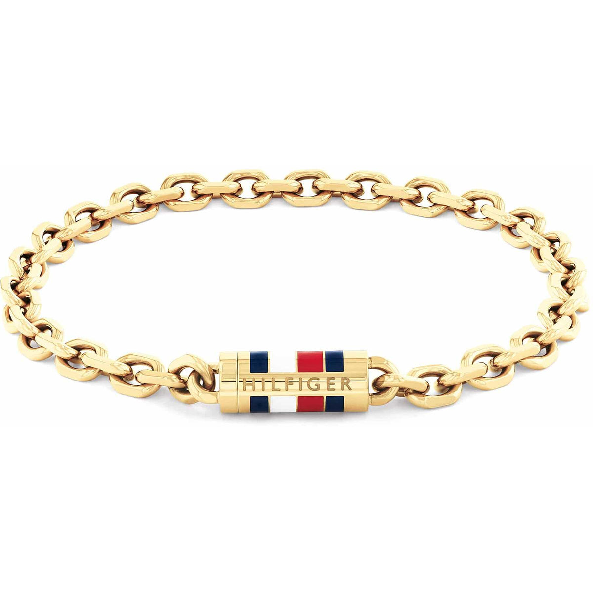 Bracciale Uomo Tommy Hilfiger Bruce Pvd Oro Catena A Maglie Ovali Barilotto Centrale Logo
