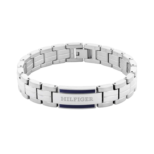 Bracciale Uomo Tommy Hilfiger Parker Acciaio Lucido/Satinato Piastrina Centrale Smalto Blu E Logo