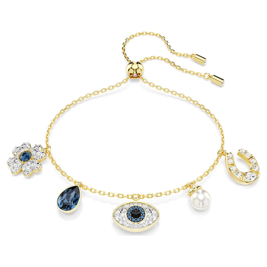 Bracciale Swarovski Symbolica Crystal Pearl, Quadrifoglio, evil eye, ferro di cavallo, Blu, Placcato color oro