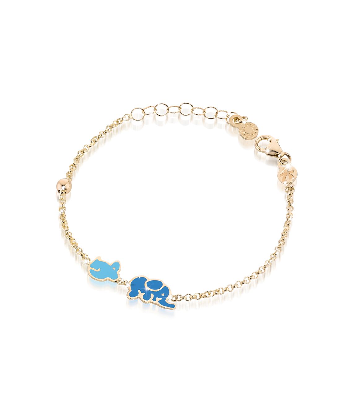 Bracciale leBebé PrimeGioie Fortuna Oro 9 Kt Elefante Smalto Azzurro Topino