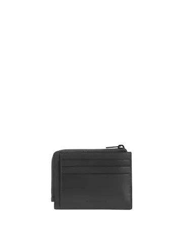 Portacarte Di Credito Piquadro Bustina Tascabile Zip Portamonete Pelle Nero