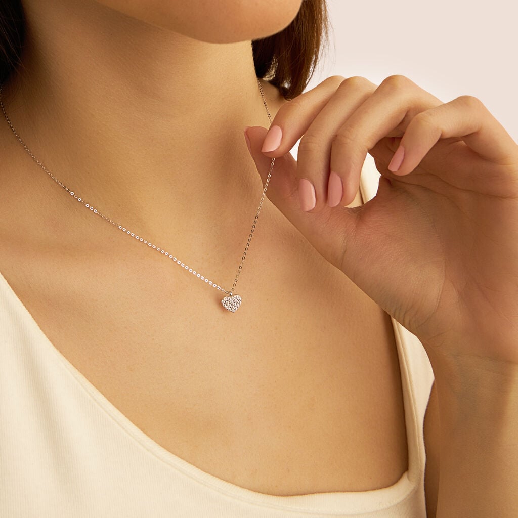 Collana Stroili Claire Oro Bianco 9 Kt Pendente Cuore Pavè Cubic Zirconia